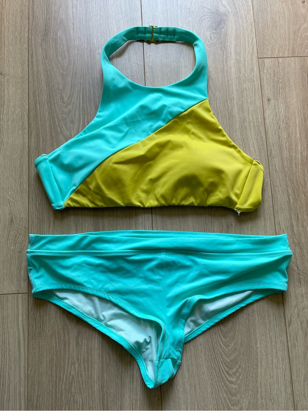 Victoria's Secret Teal and Yellow Colorblock High Neck Bikini